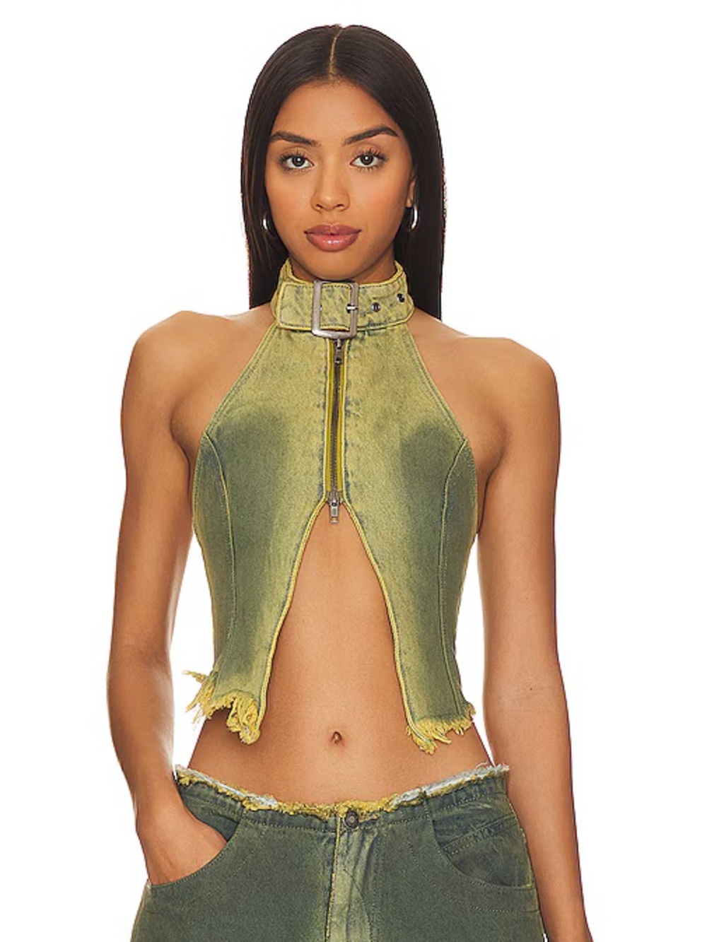 Jaded London Olive Green Distressed Halter Zip Crop Top